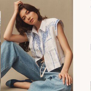 Brand New Maeve Short-Sleeve Collared Pleated Blouse